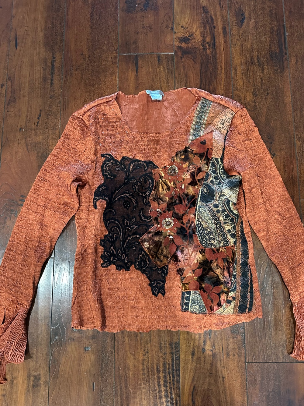 Alberto Makali Women's Burnt Orange Mixed-Print blouse with Embroidered Accents
